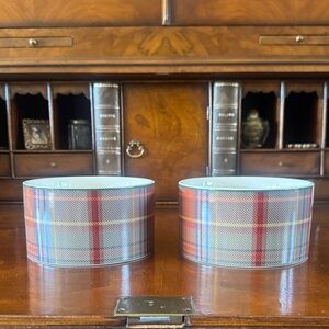 Pottery Barn Set of  Woodrow Plaid Ceramic Pet Bowls NWT!